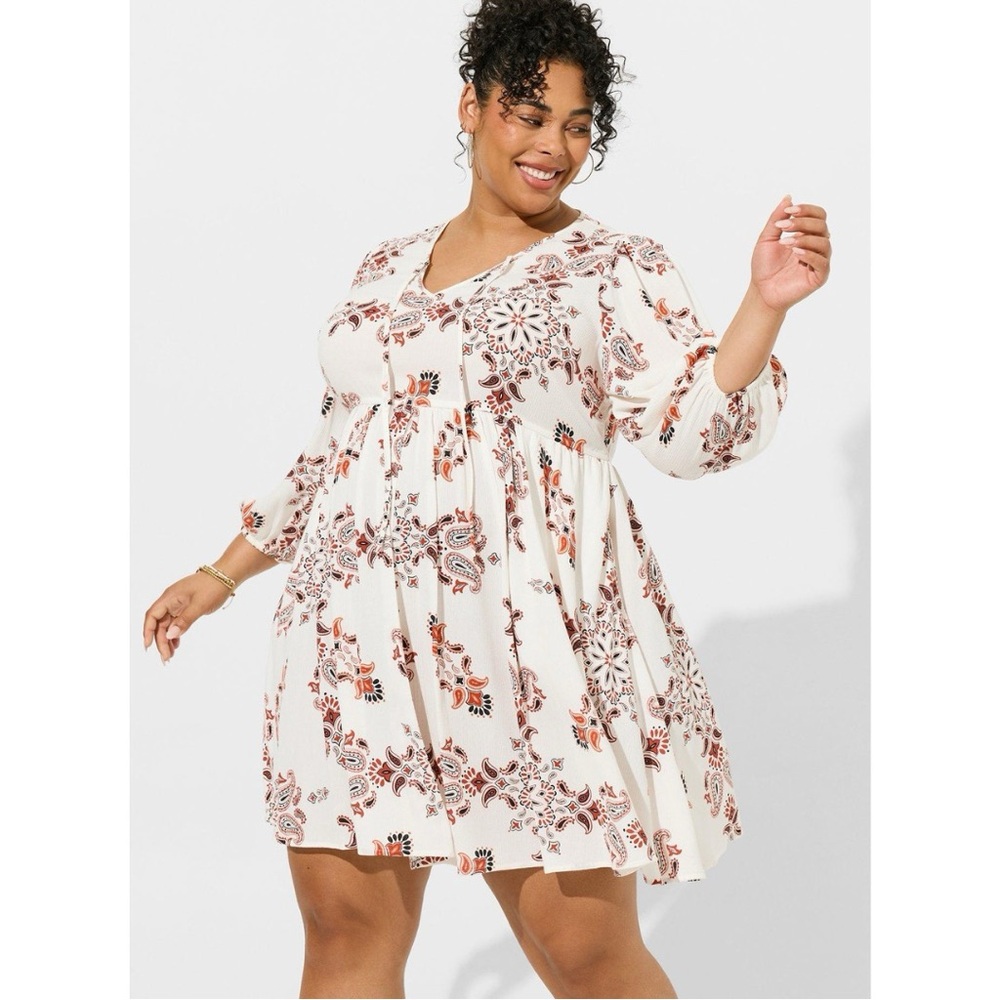 Torrid White Rust-Orange Paisley 3/4 Sleeve Washable Tunic Dress & Slip, Size 1X